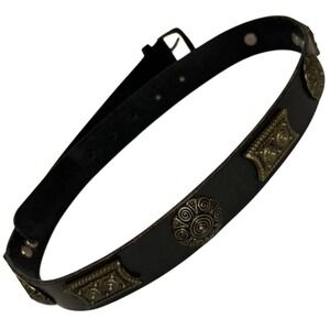Black Leather Belt With Ornate Metal Embellishments And Brass Buckle